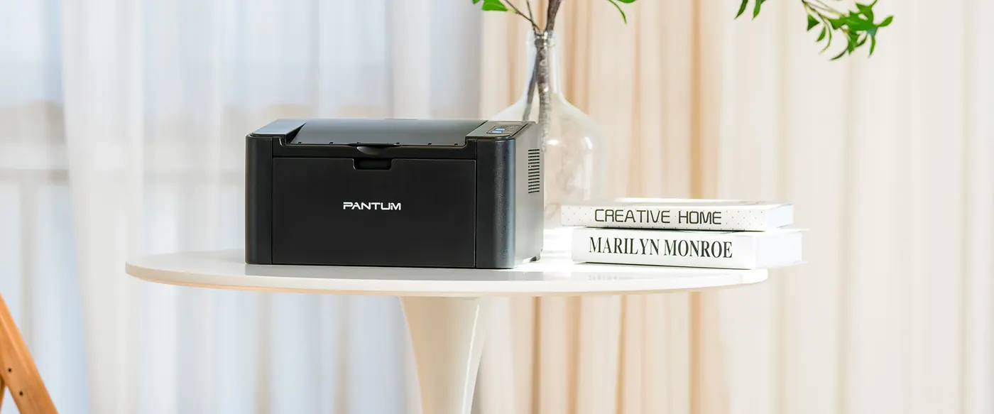Imprimante Pantum P2500 posée sur une petite table ronde à côté d'un vase et de livres