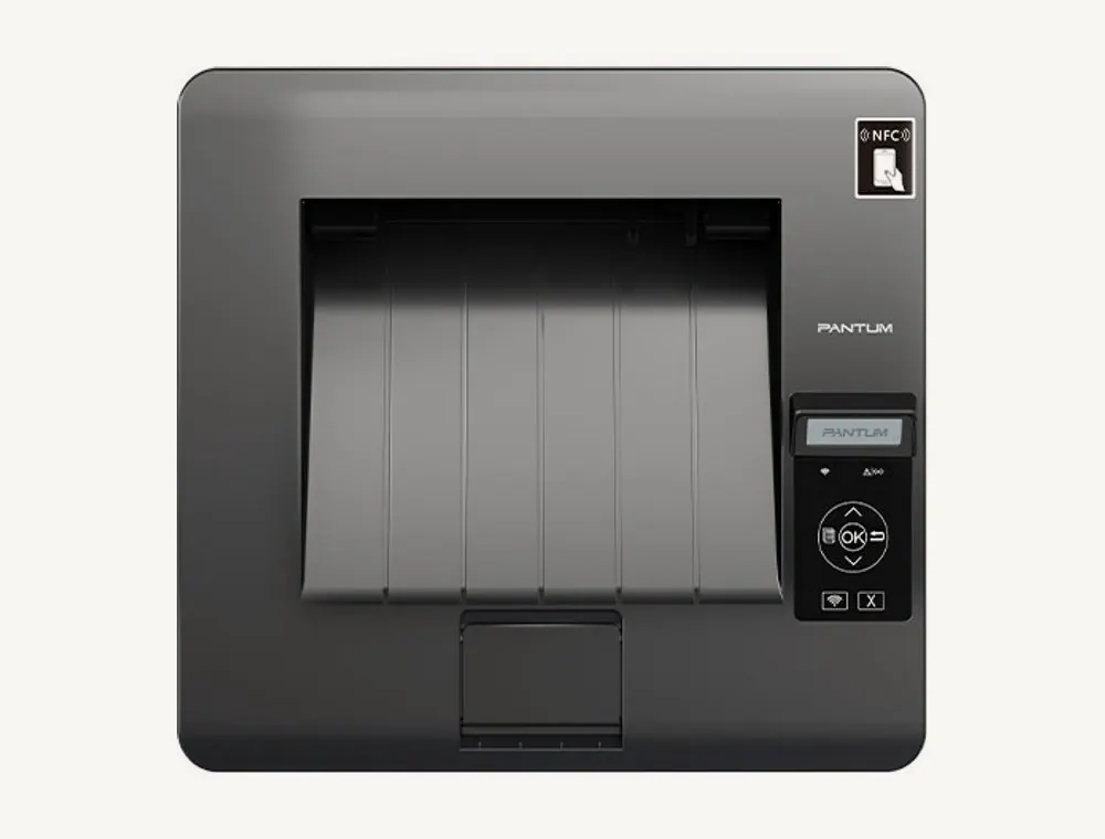 Pantum BP5200DW vue de dessus : bac de sortie, écran LCD deux lignes et touches de navigation