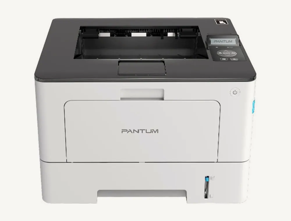 Imprimante laser monochrome Pantum BP5200DW blanche vue de trois quarts, bac de sortie et écran LCD
