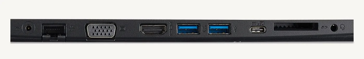 Flanc gauche de l&rsquo;Acer TravelMate P2 : alimentation, RJ-45, VGA, HDMI, deux USB-A, USB-C, lecteur SD et jack