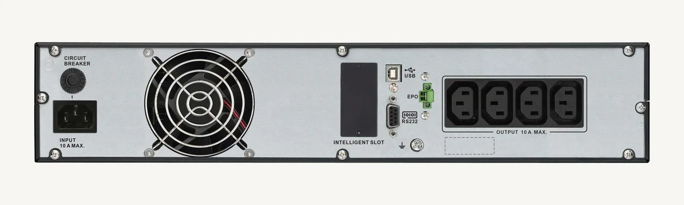 Face arrière de l'APC SRV2KRI-E : entrée C14, disjoncteur, ventilateur, emplacement de carte, ports USB et RS-232, quatre prises C13