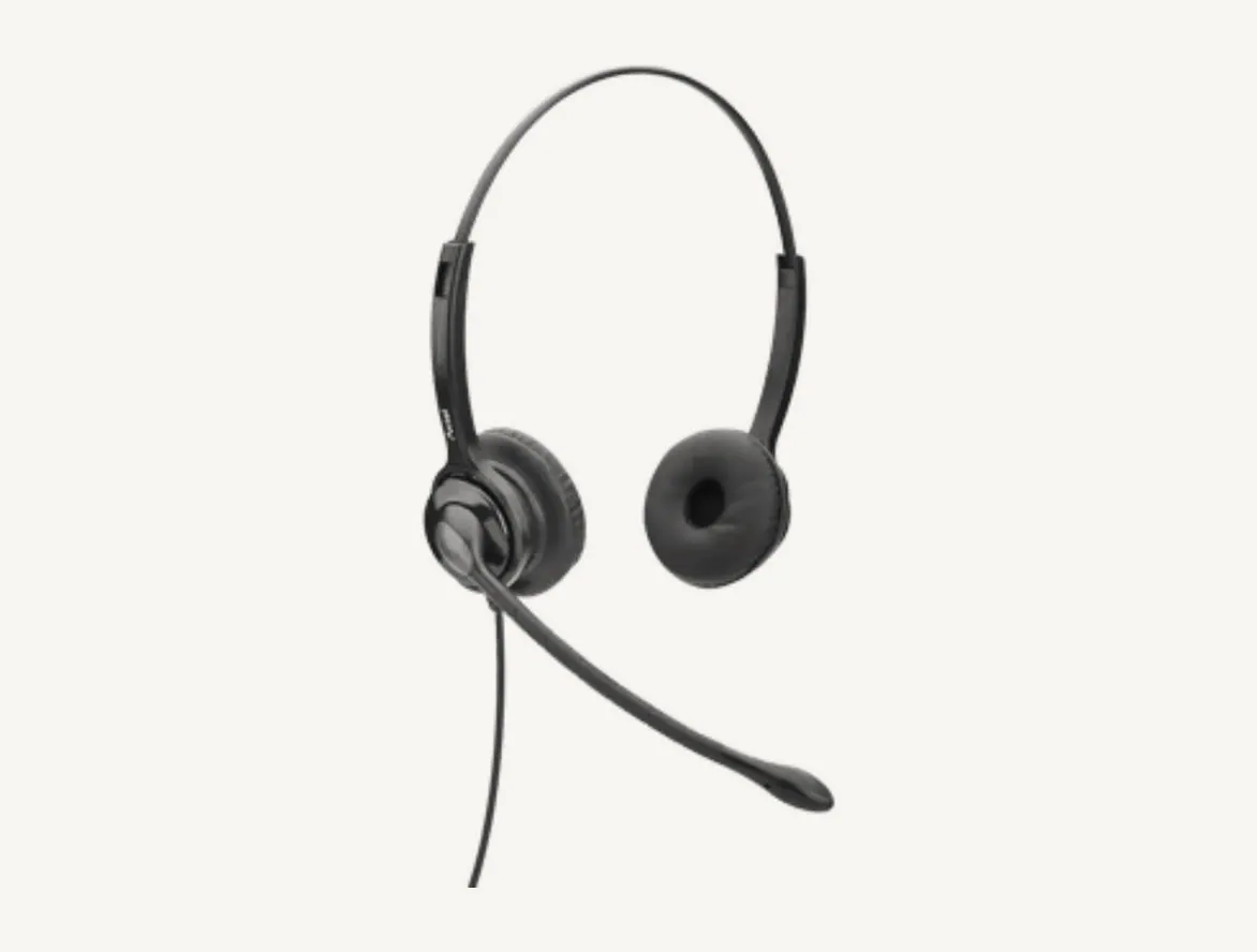 Micro-casque Axtel M2 duo NC vu de trois quarts, perche du micro abaissée