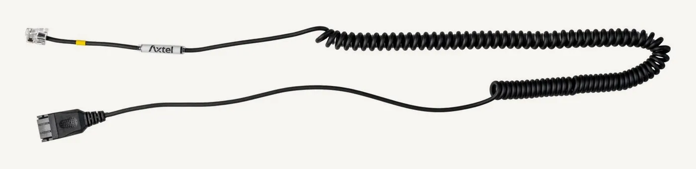 Cordon Axtel AXC-03 : fiche QD à gauche en bas, fiche RJ9 en haut, partie spiralée à droite