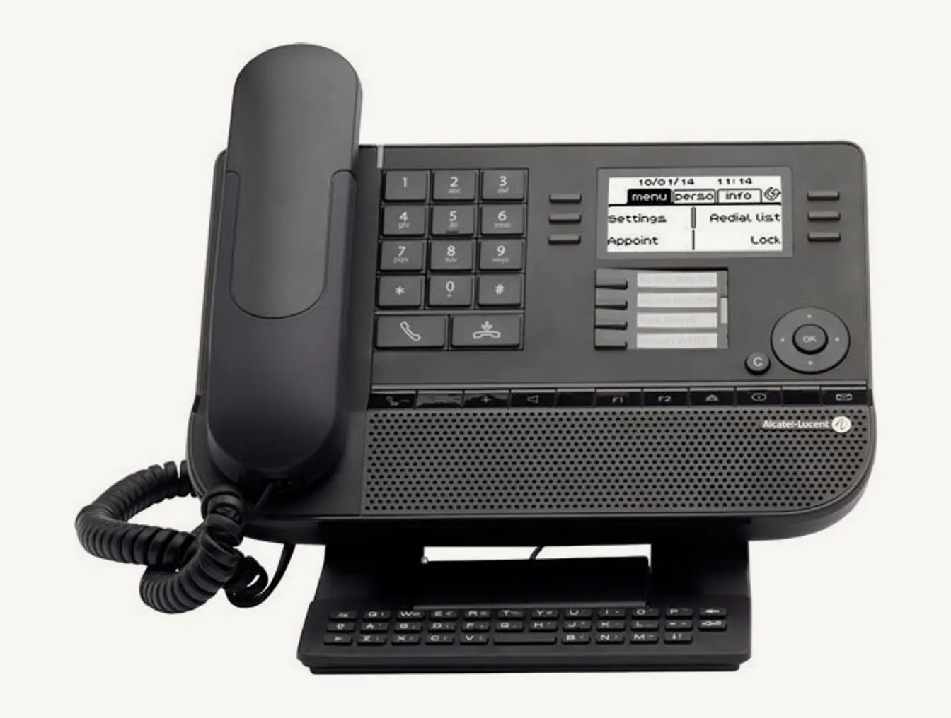 Face avant du 8029 Premium DeskPhone : pavé numérique, écran monochrome, quatre touches à étiquette et navigateur