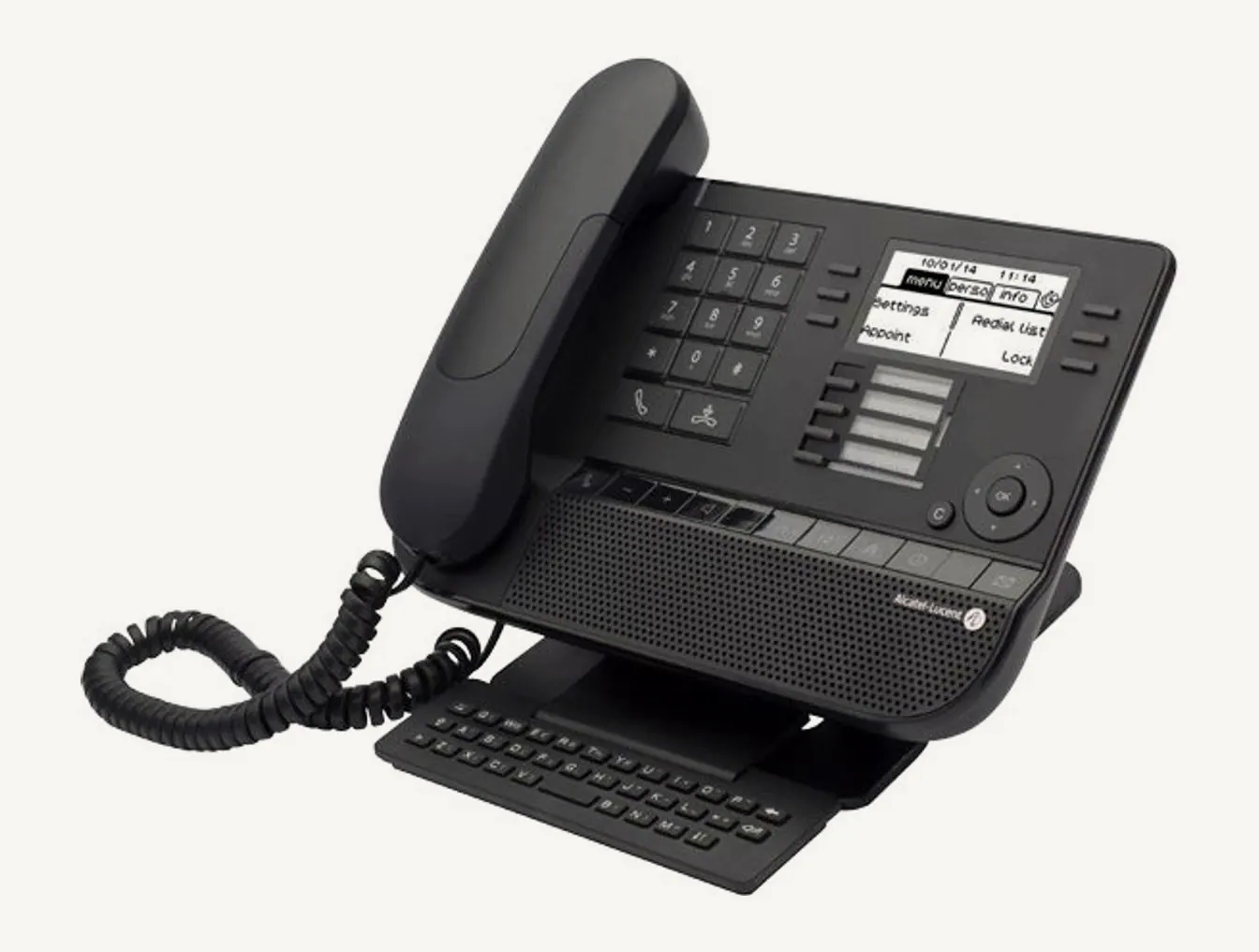 Téléphone Alcatel-Lucent 8029 Premium DeskPhone noir vu de trois quarts, avec son combiné et son clavier alphabétique