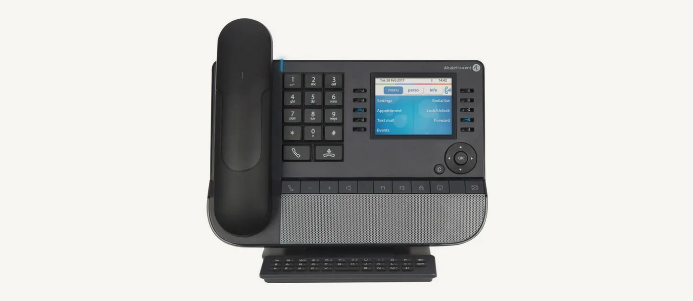 Face du 8068s BT avec l'écran couleur, les dix touches contextuelles et le clavier alphabétique