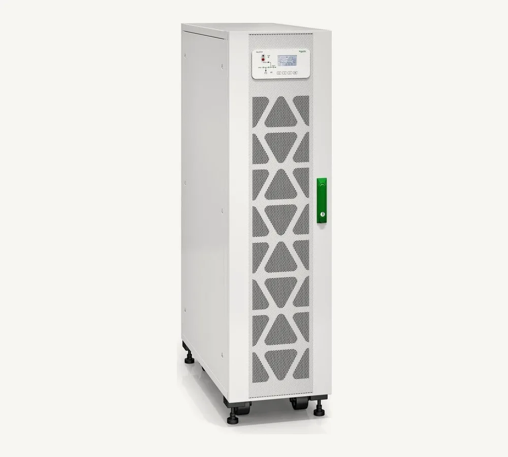 Onduleur Schneider Electric Easy UPS 3S E3SUPS15KHB2, armoire blanche sur roulettes vue de trois quarts
