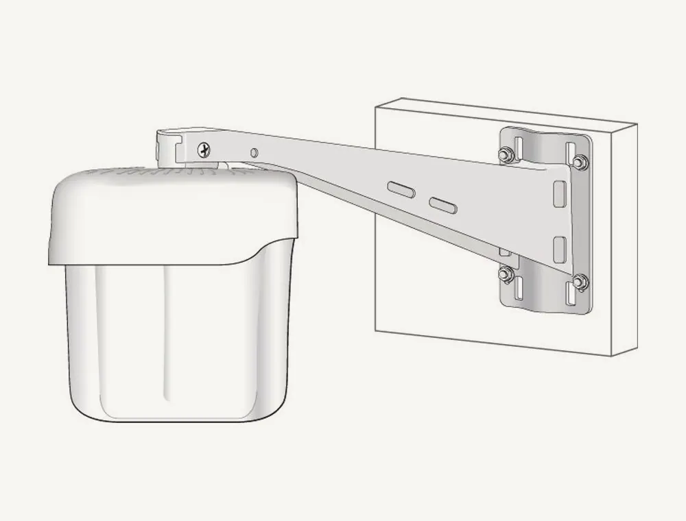 Schéma du support Aruba AP-270-MNT-V1 fixé au mur, un point d'accès extérieur accroché au bout du bras