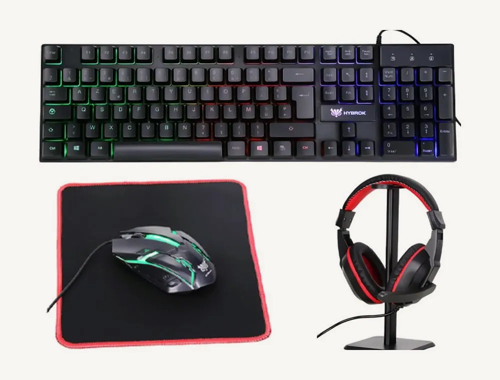 Pack Hybrok HPG200 : clavier AZERTY rétroéclairé, souris sur son tapis et casque avec micro