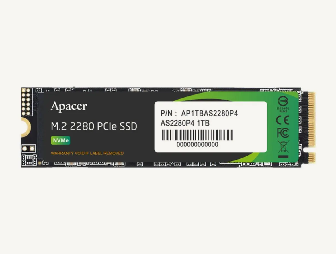 SSD Apacer AS2280P4 au format barrette M.2 2280, étiquette verte et noire, connecteur doré