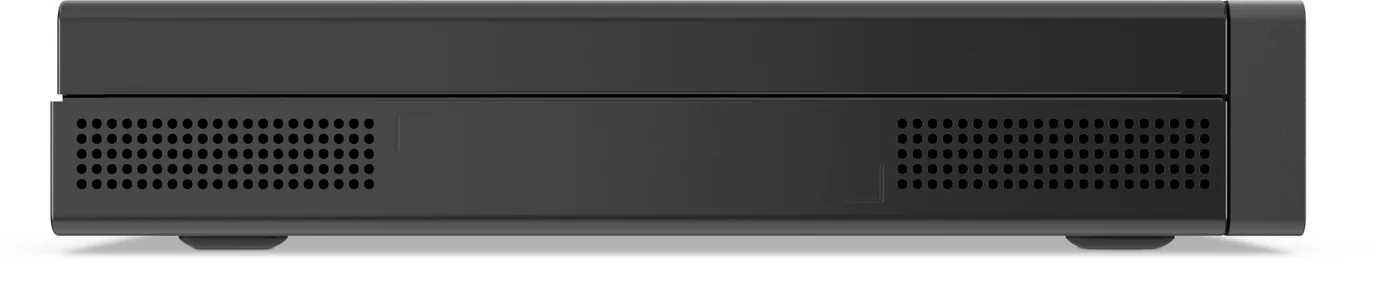 ThinkCentre neo 50q Gen 6 couché à plat, vu de profil avec ses ouïes d'aération