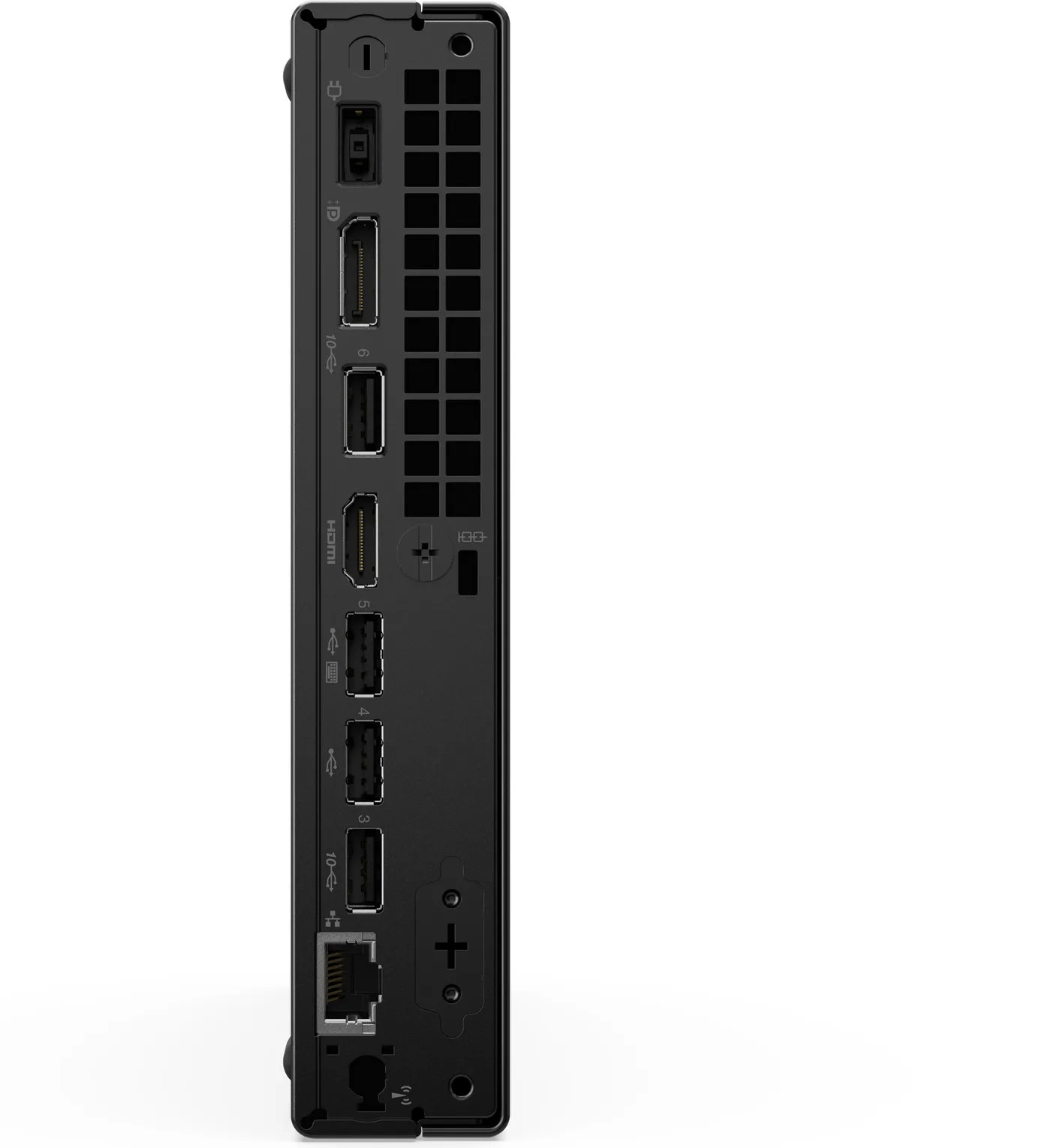 Panneau arrière du neo 50q Gen 6 : alimentation, DisplayPort, HDMI, quatre USB-A, RJ-45 et encoche antivol