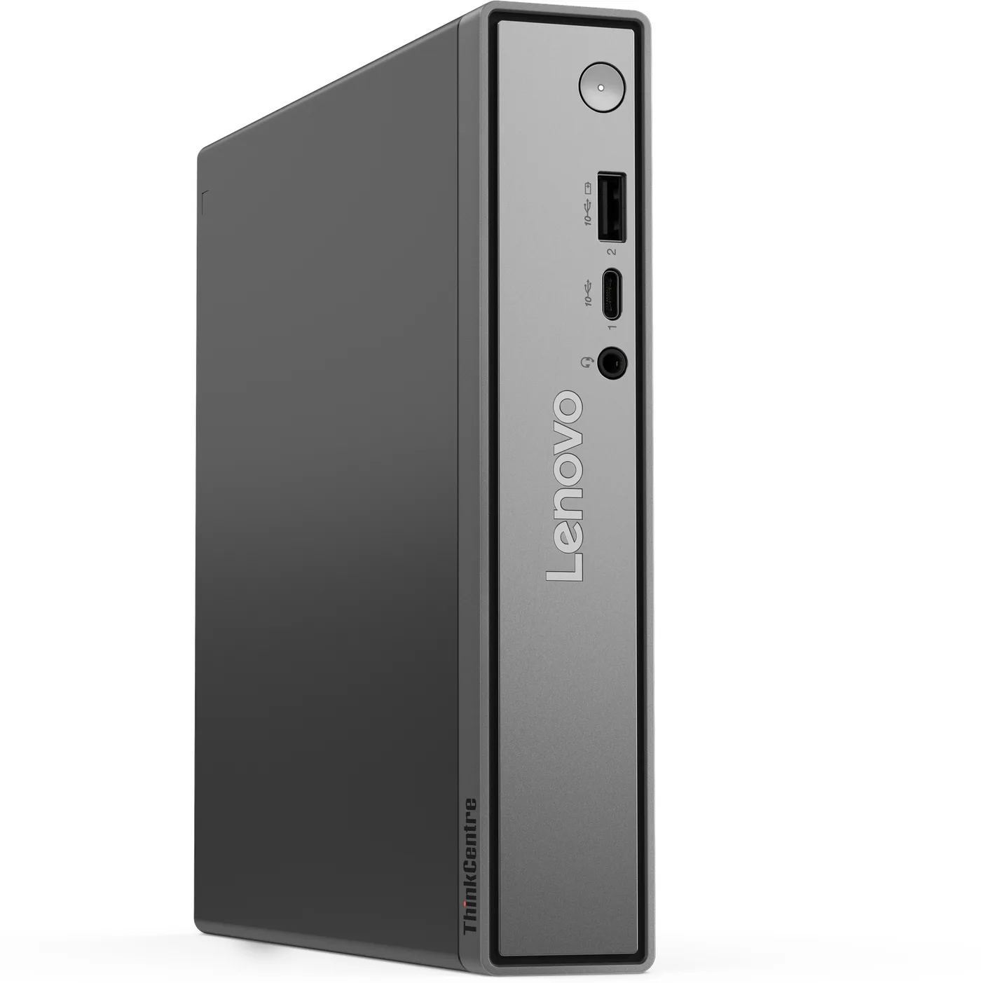 ThinkCentre neo 50q Gen 6 noir posé debout, façade grise avec bouton, USB-A, USB-C et prise casque