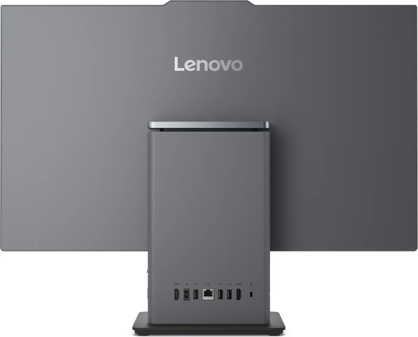 Dos du ThinkCentre neo 50a 24 Gen 6 : capot gris, pied et ports à la base
