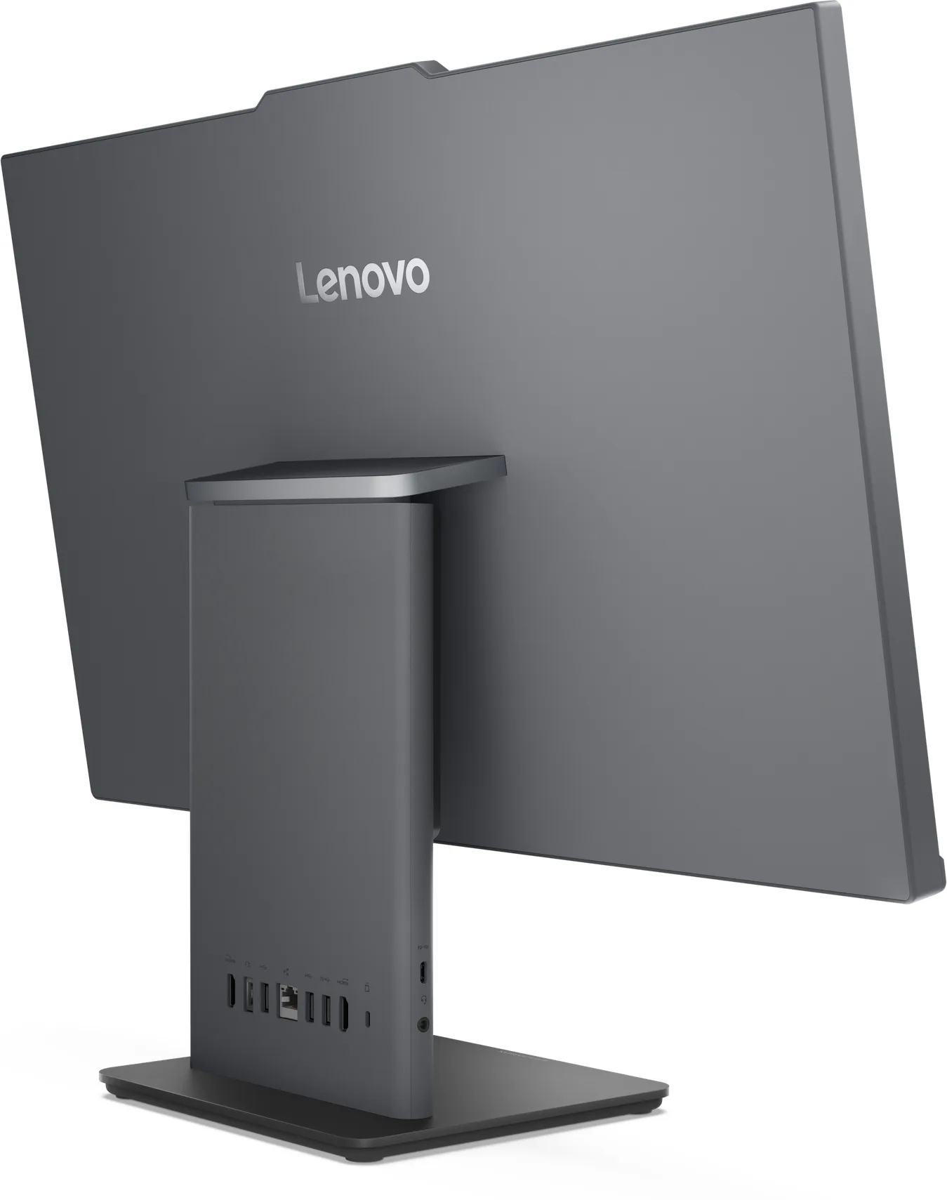 ThinkCentre neo 50a 24 Gen 6 vu de dos et de trois quarts, logo Lenovo sur le capot