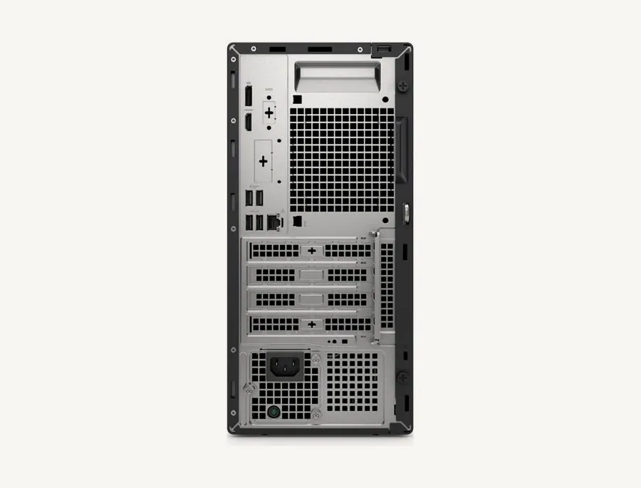 Face arrière du Dell Pro Tower QCT1250 : sorties vidéo, ports USB, Ethernet et trois emplacements PCIe
