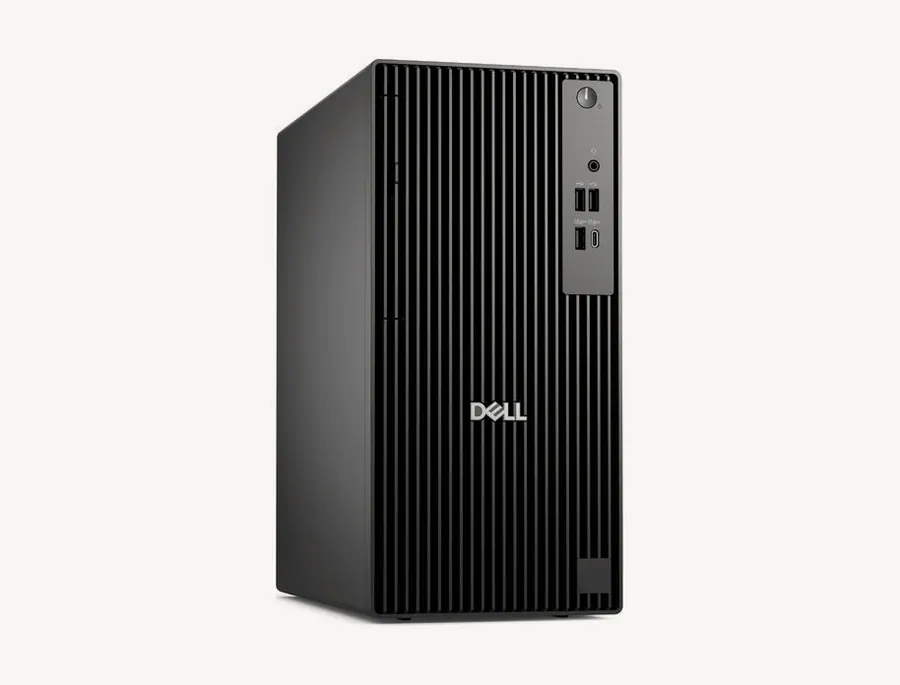 Tour Dell Pro Tower QCT1250 noire vue de trois quarts, façade avec ports USB et prise casque