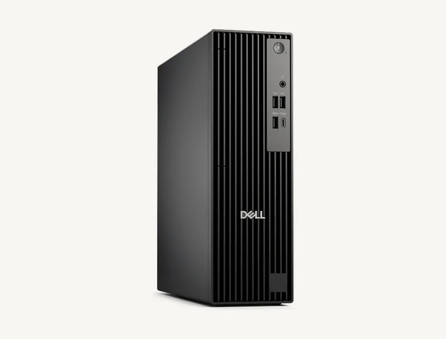 Dell Pro Slim QCS1250 noir vu de trois quarts, façade avec ports USB, USB-C et prise casque