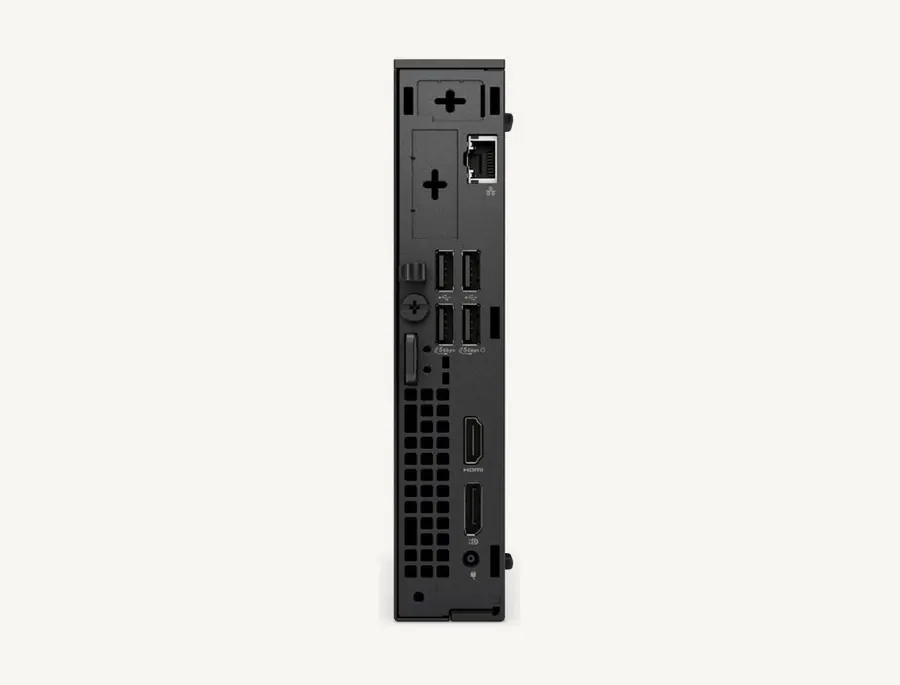 Face arrière du Dell Pro Micro QCM1250 : Ethernet, ports USB, HDMI, DisplayPort et prise d'alimentation
