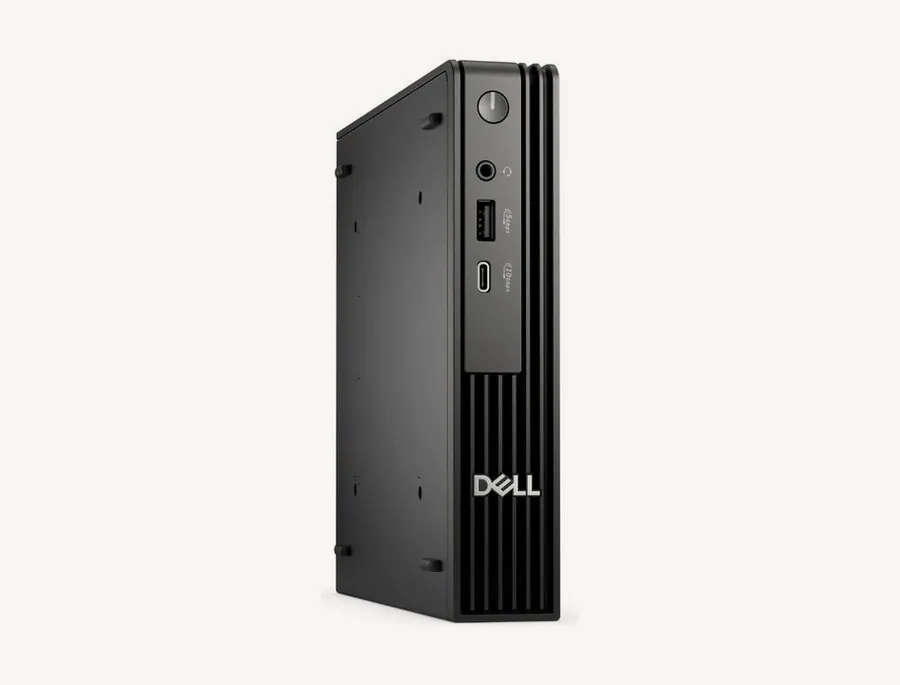 Mini PC Dell Pro Micro QCM1250 noir vu de trois quarts, façade avec USB-A, USB-C et prise casque