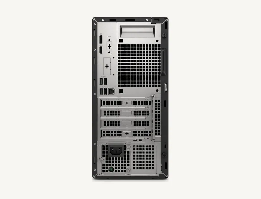 Face arrière du Dell Pro Tower QCT1250 : sorties vidéo, ports USB, Ethernet et trois emplacements PCIe