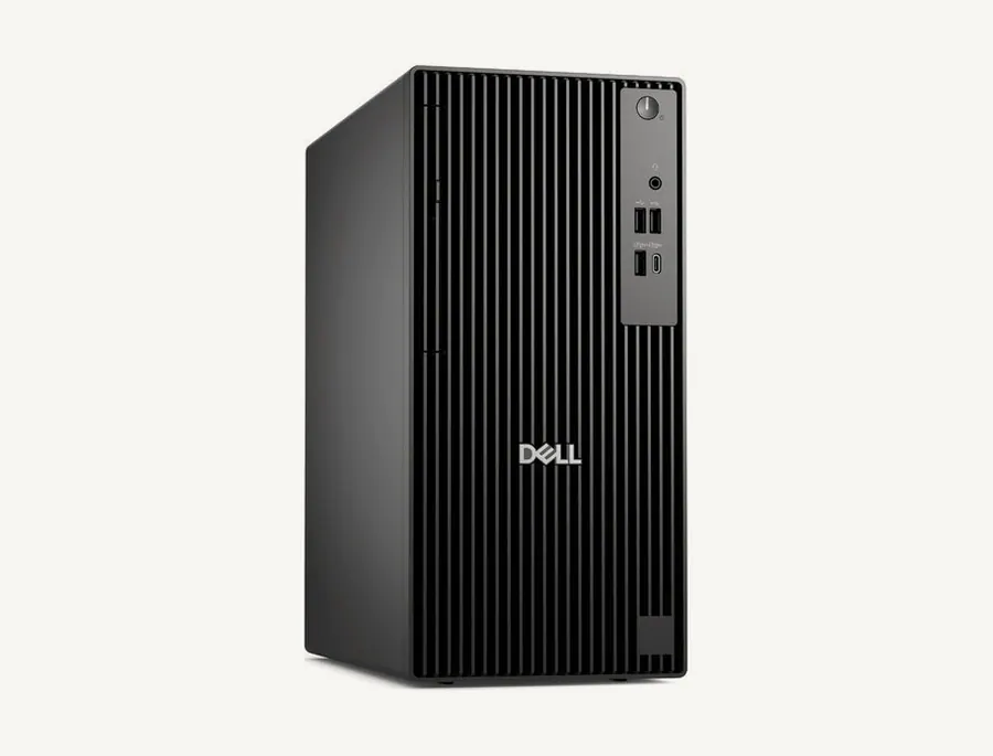 Tour Dell Pro Tower QCT1250 noire vue de trois quarts, façade avec ports USB et prise casque