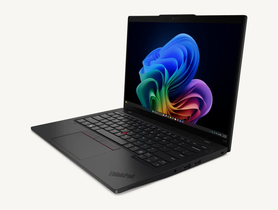 Lenovo ThinkPad L14 Gen 7 noir ouvert de trois quarts, clavier à TrackPoint