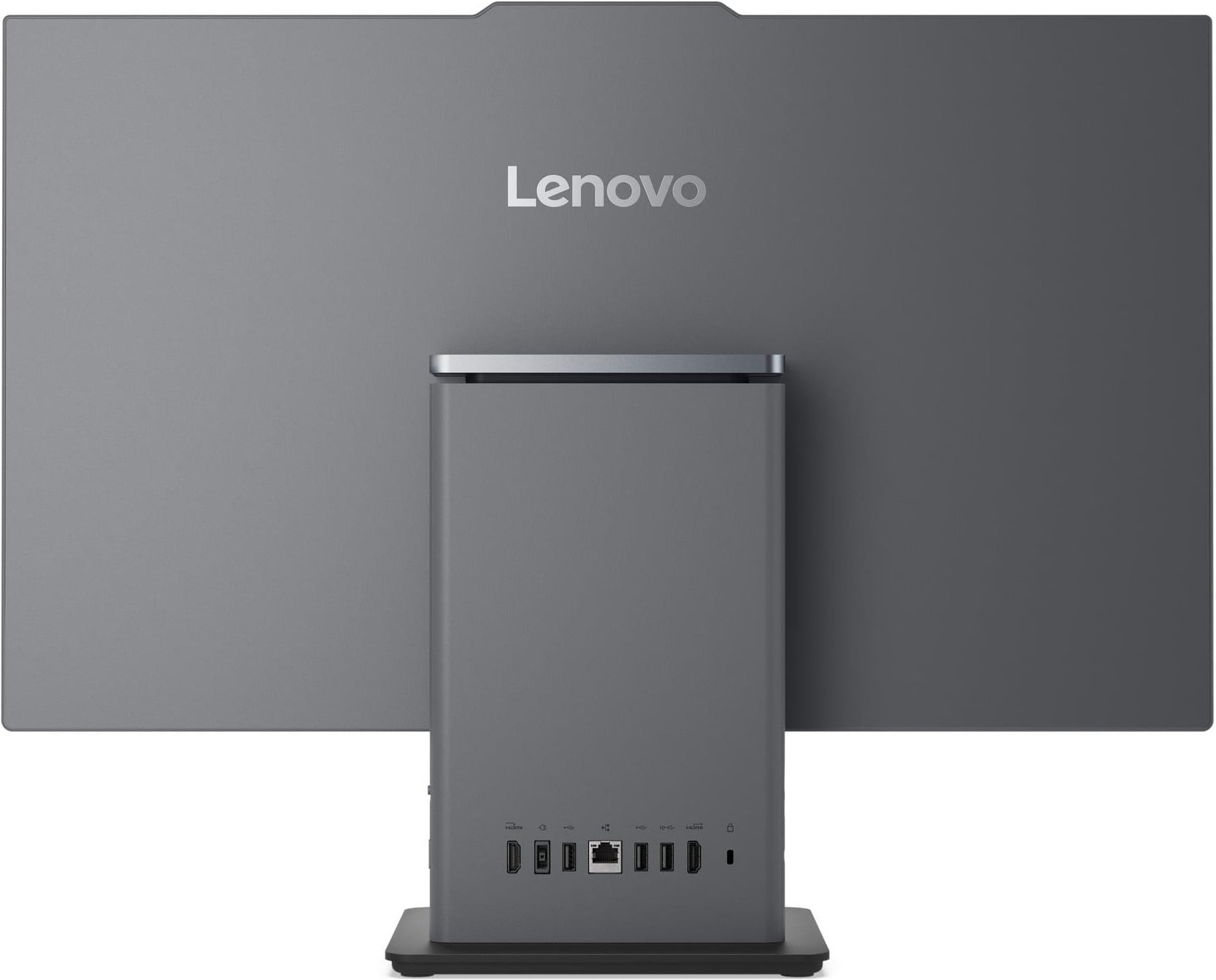 Dos du ThinkCentre neo 50a 27 : capot gris, pied et colonne de prises