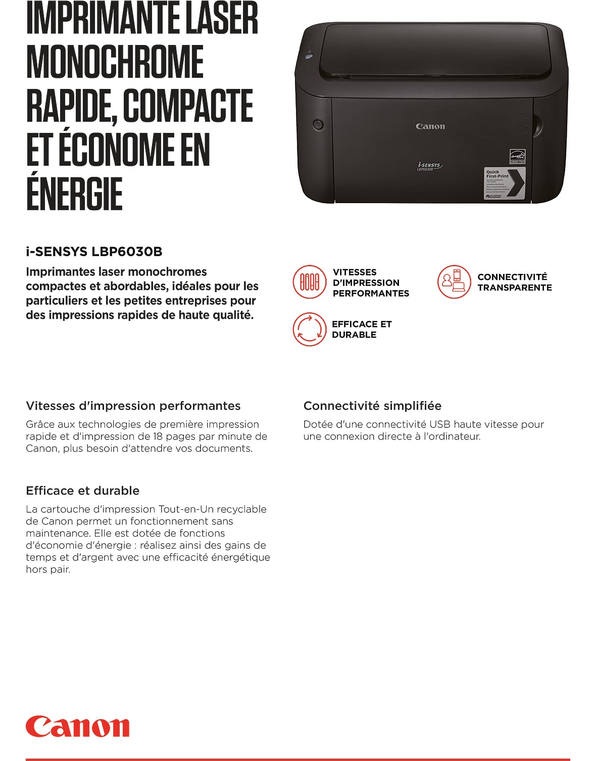 Acheter Imprimante Laser Monochrome Canon i-SENSYS LBP6030B SFP + 2 Cartouches de toner 725 (8468B042AA) Maroc