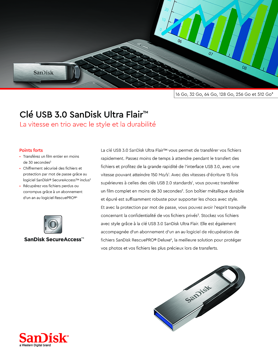 Acheter Clé USB 3.0 SanDisk Ultra Flair 32 Go (SDCZ73-032G-G46) Maroc